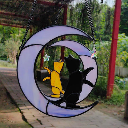Black Cat Suncatcher for Stained Glass Windows Hanging,6.7“x6.1 Handmade Stained Glass Cat Gifts