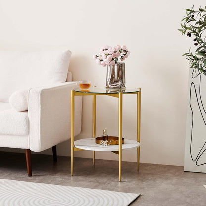 Round Glass End Table, Mid-Century Modern Design Sofa Table for Living Room, D18 x H23 in, 2-Tier