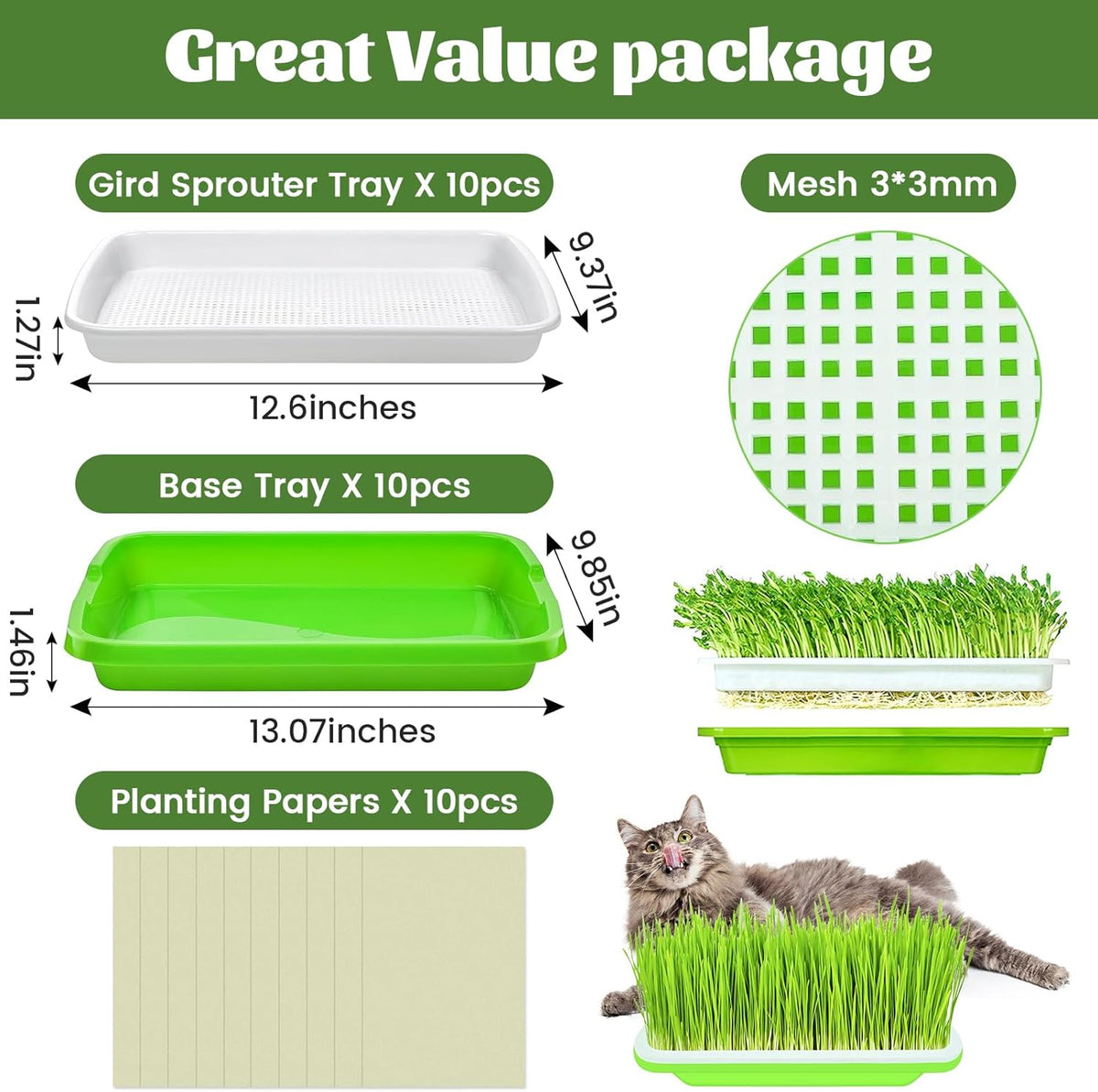 Legigo 10 Pack Green Seed Sprouter Trays- Soil-Free Cultivation Germination Tray, BPA Free Nursery