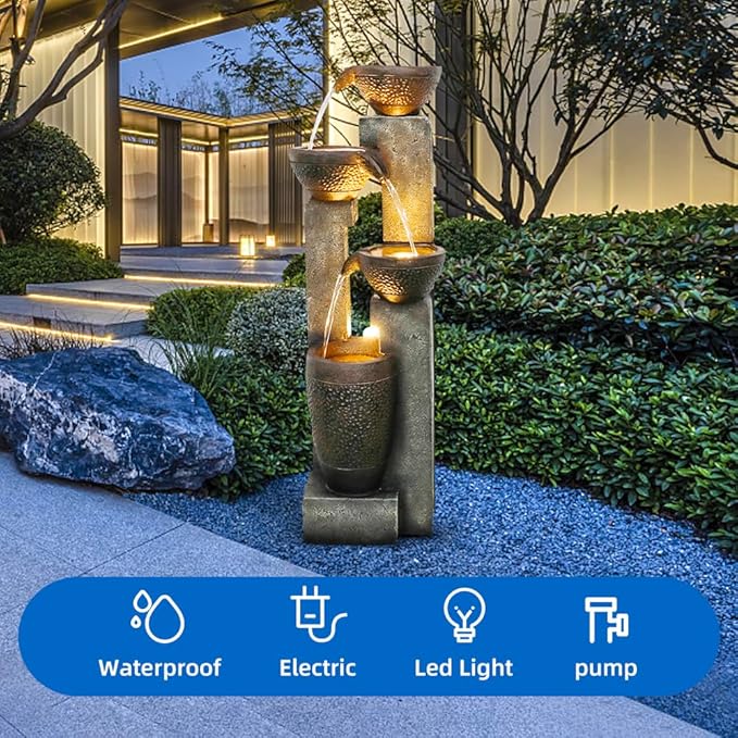 40''H 4-Tier Outdoor Garden Water Fountain Decor, Resin Fountain for Garden, Floor Patio, Deck