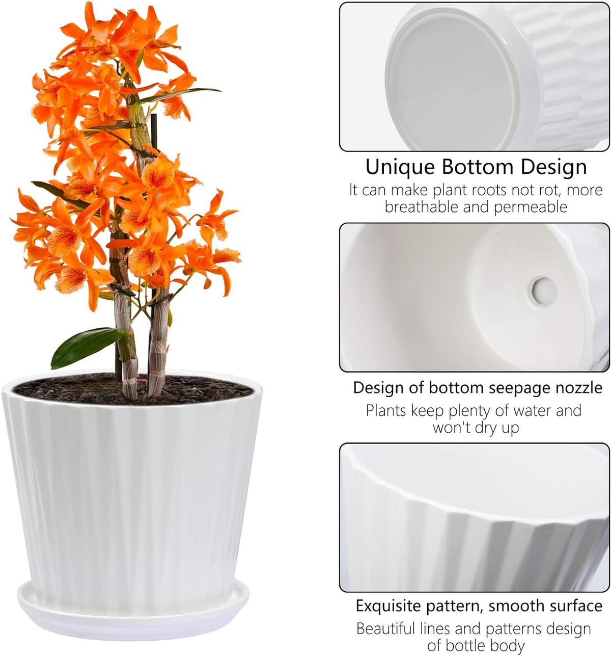 Plant Pots - 6.7 Inch Cylinder Ceramic Planters with Connected Saucer, Pots for Succuelnt and
