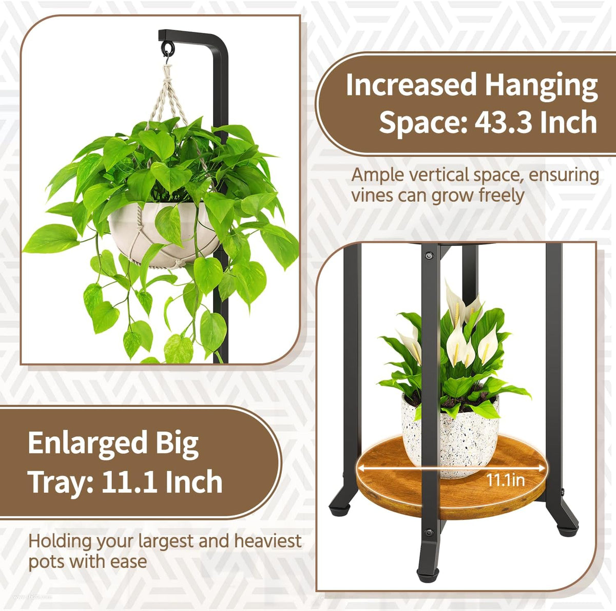 LASZOLA Black 2 Tier 61.5 Inch Tall Plant Stand Indoor with Hanging Ring, Large Heavy Duty Metal