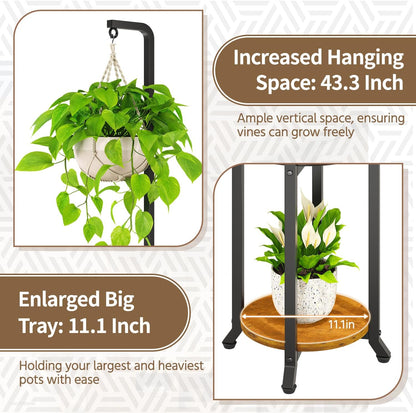 LASZOLA Black 2 Tier 61.5 Inch Tall Plant Stand Indoor with Hanging Ring, Large Heavy Duty Metal