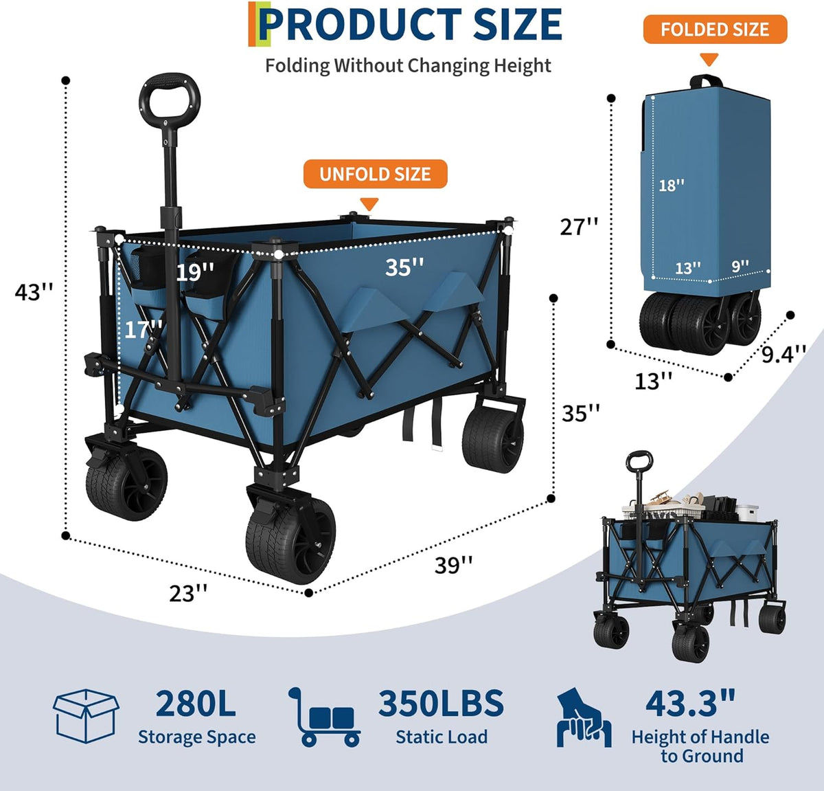 35" Foldable Wagon for Beach with 350lbs Weight Capacity, Heavy Duty 280L Extra Large Collapsible