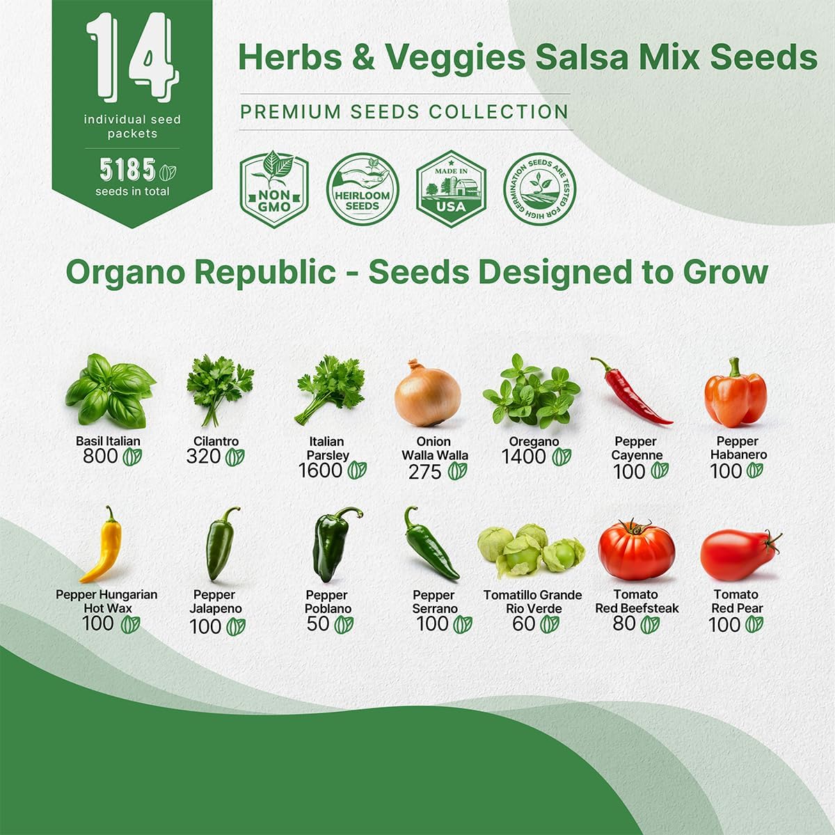 Organo Republic 14 Herbs & Veggies Salsa Mix Seeds Variety Pack - 5,180+ Non GMO Heirloom Herb