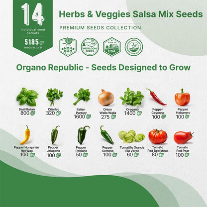 Organo Republic 14 Herbs & Veggies Salsa Mix Seeds Variety Pack - 5,180+ Non GMO Heirloom Herb