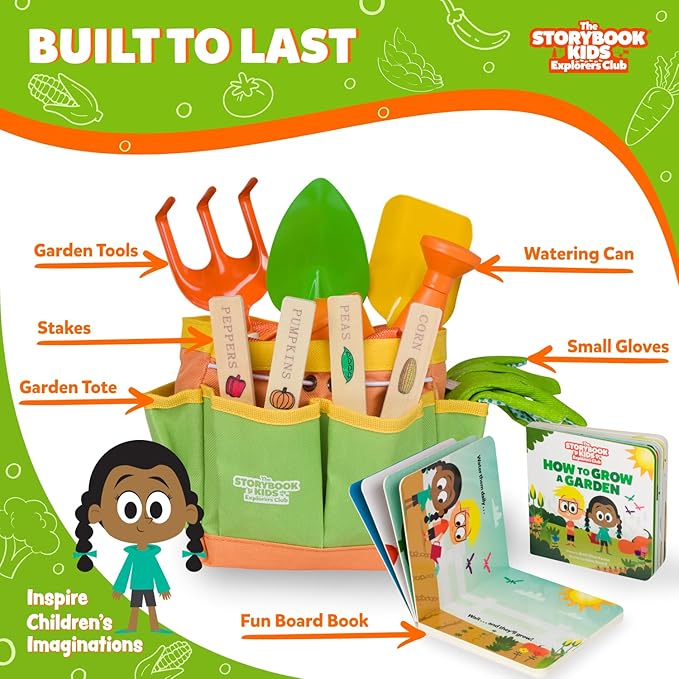 Matching Board Book - Green Kids Gardening Tools Set Includes Sturdy Tote Bag, Watering Can