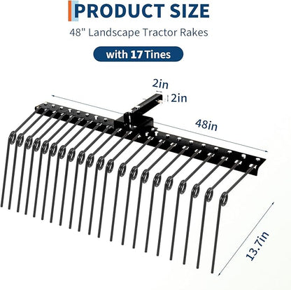 Tow Behind Landscape Rake, 48" Tow Dethatcher with 17 Steel Coil Tines, Lawn Dethatcher Rake
