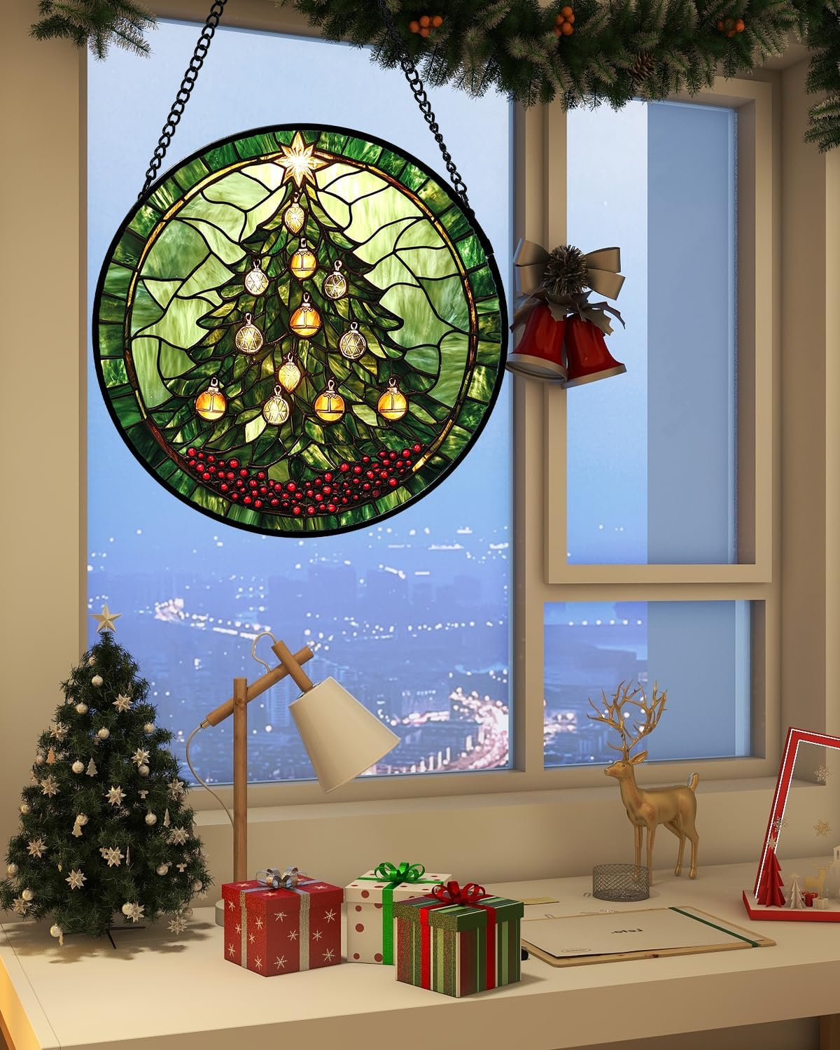 Stained Glass Window Hanging - Green Christmas Tree Golden Bells Suncatcher for Doors Home