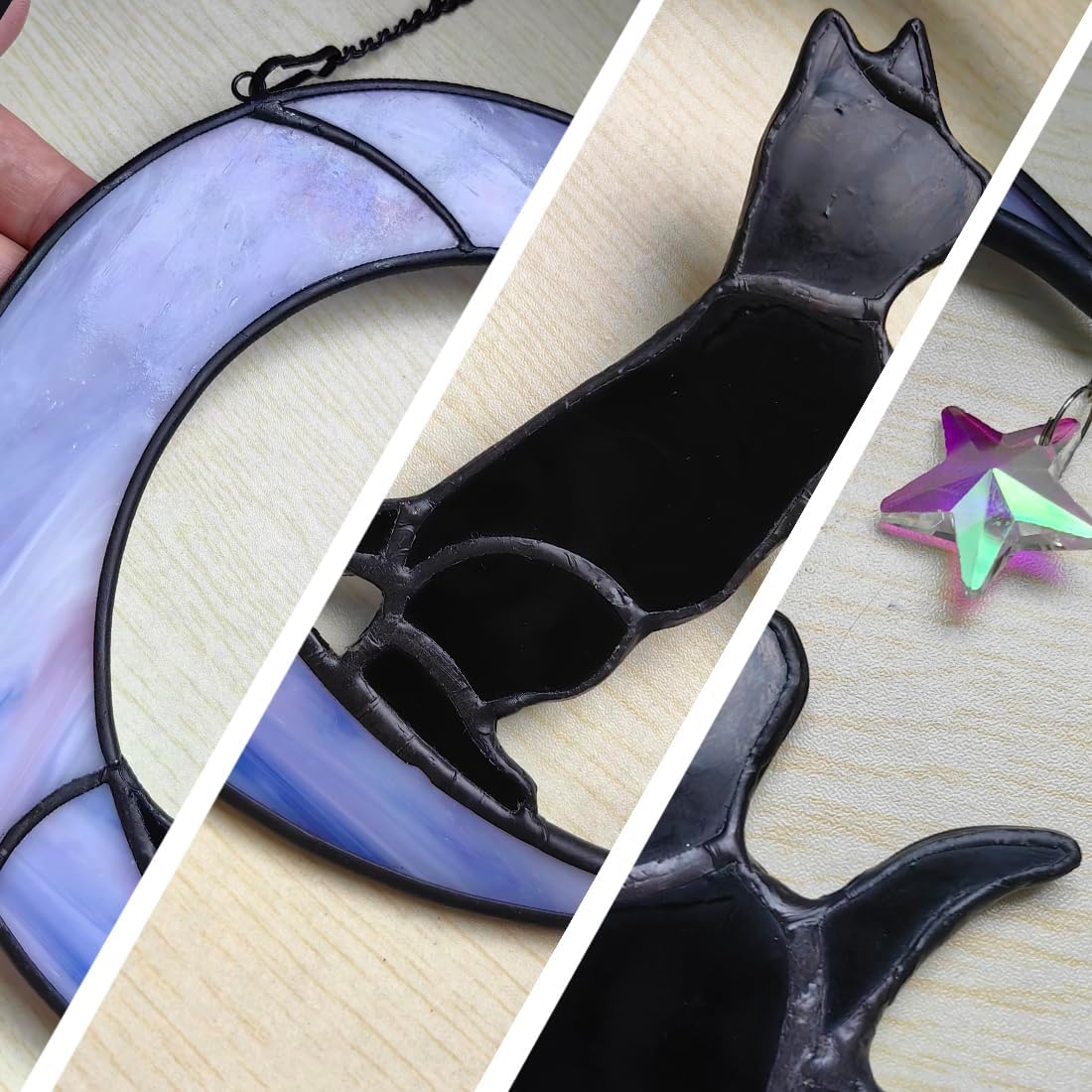 Black Cat Suncatcher for Stained Glass Windows Hanging,6.7“x6.1 Handmade Stained Glass Cat Gifts