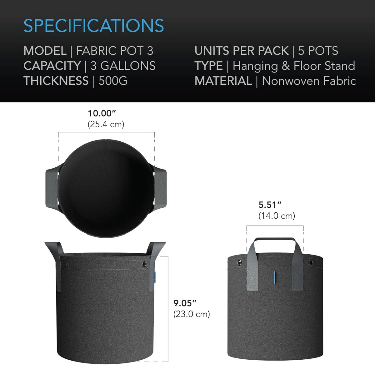 AC Infinity Heavy Duty Fabric Pots, 3 Gallon Aeration Reusable Grow Bags 5-Pack with 500G Thick