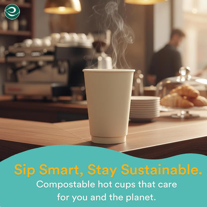 ECO SOUL 100% Compostable Plant-Based 12oz Hot Cups | (50 Count, 12 oz Hot Cups) | Disposable