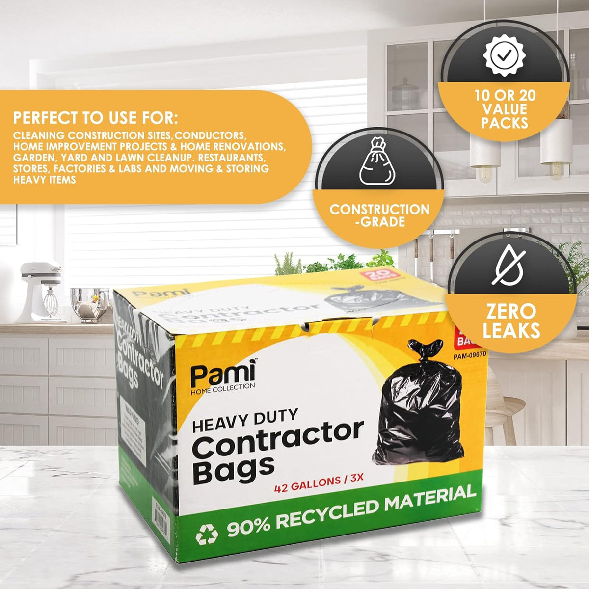 PAMI Heavy Duty 42 Gallon Contractor Garbage Bags, Tear Resistant Construction Bags Made from 90%