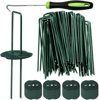 Bakulyor 200pcs Green Artificial Turf Stakes Staples + 200pcs Buffer Washer, 6 Inch 11 Gauge