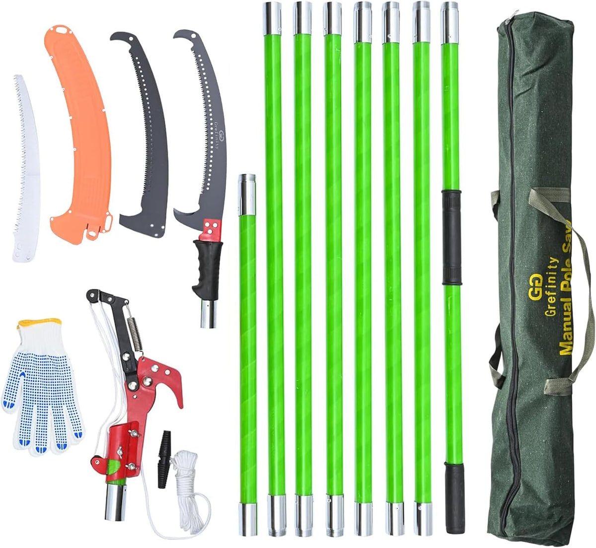 27FT Manual Pole Saw, Tree Branch Trimmer with 8-Section Fiberglass Handle, Sharp Steel Blade and