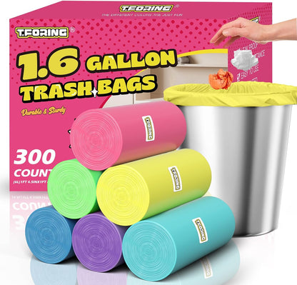 300 Count 1.6 Gallon Mini Trash Bags - 6 Liter Colored Small Garbage Bags Unscented Mini Can Liners