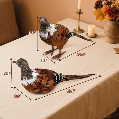 naturevibe Feathered Pheasant Decor Set of 2,Simulation Woodland Animals Figurines with Natural