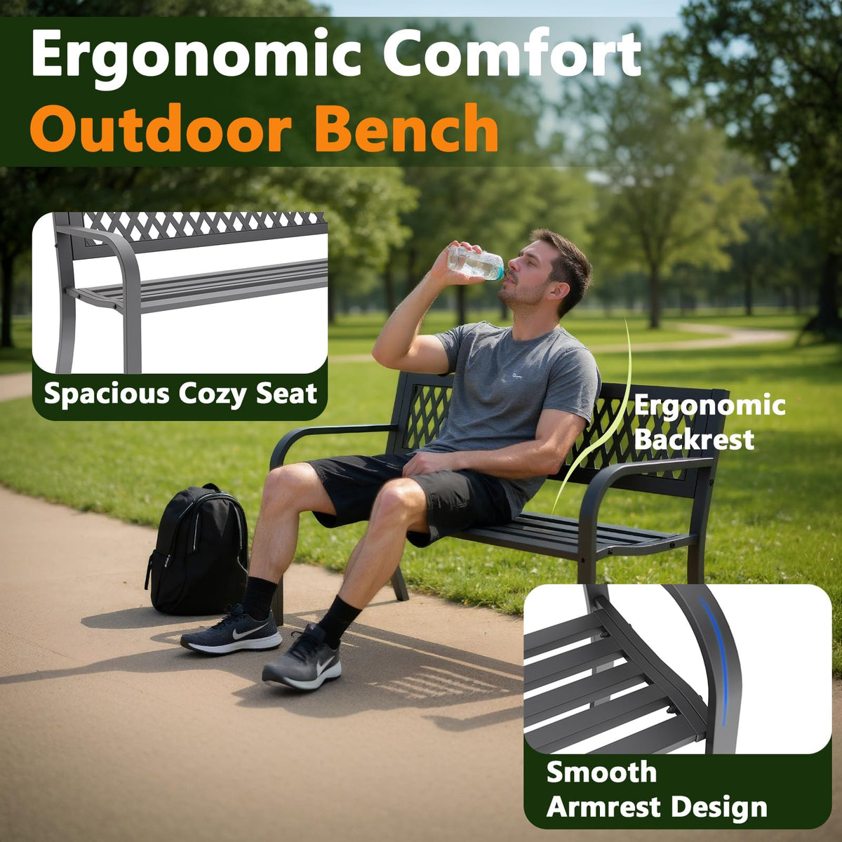 MAKE CHANGES Outdoor Bench, Garden Patio Park Entryway Metal Bench with Comfortable Backrest