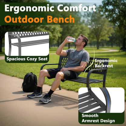 MAKE CHANGES Outdoor Bench, Garden Patio Park Entryway Metal Bench with Comfortable Backrest