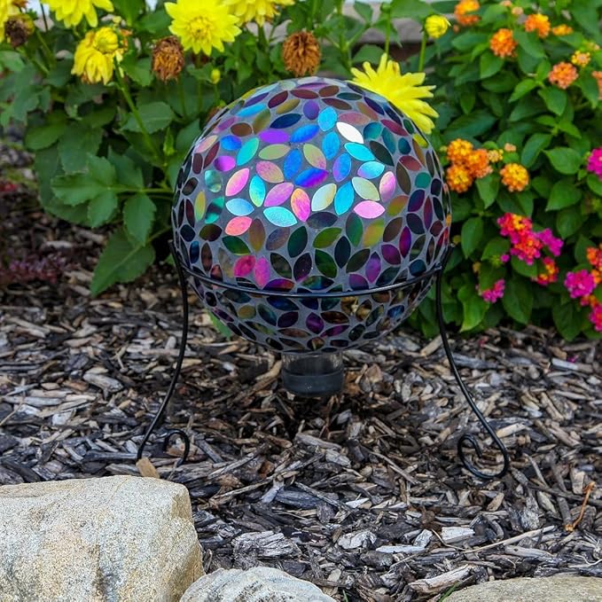 Lily's Home Colorful Mosaic Glass Gazing Ball, Designed with a Stunning Holographic Petal Mosaic