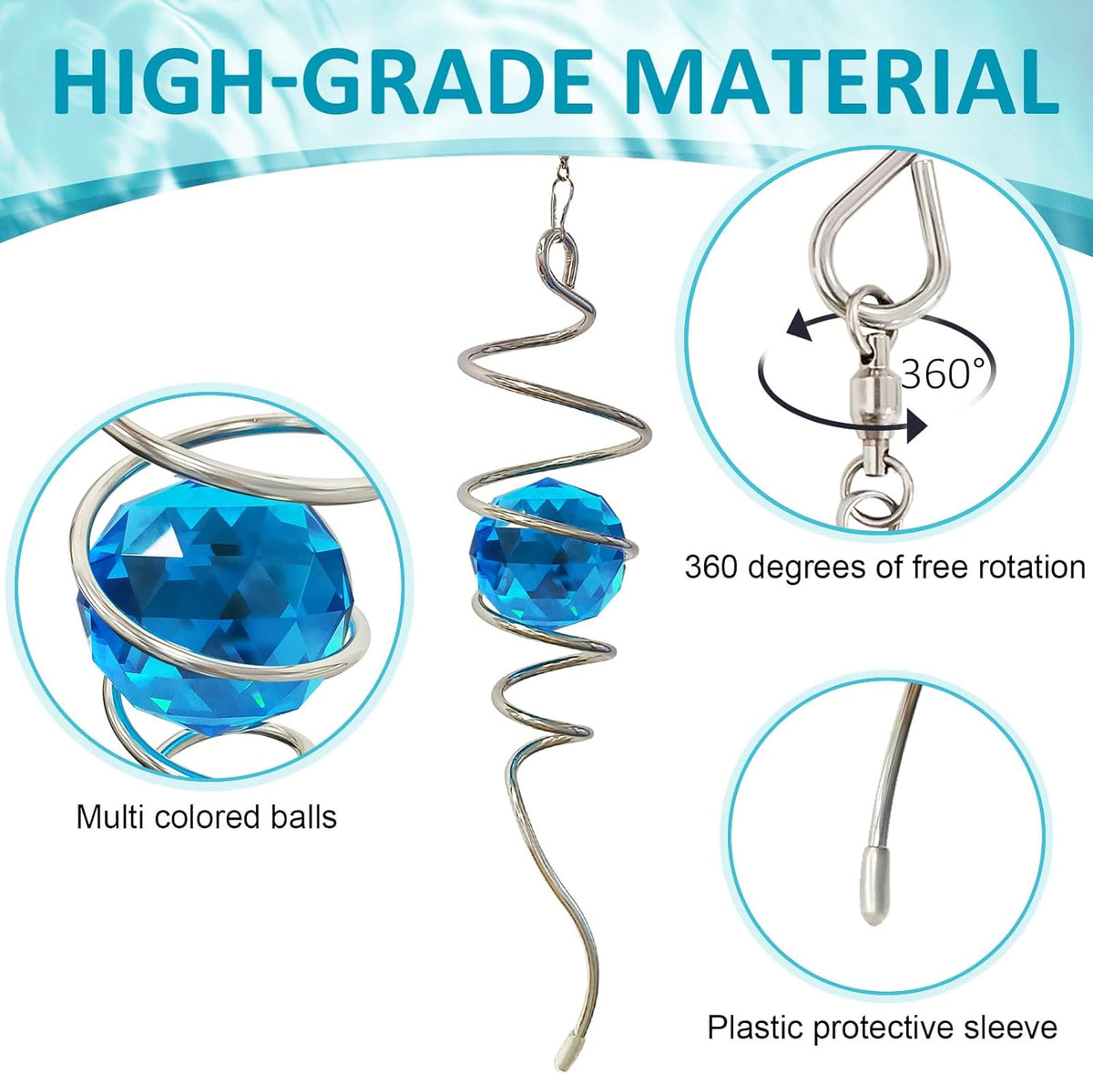 Gazing Ball Spiral Tail, Wind Spinner Spiral Peacock Blue Crystal Orb with Swivel Hook, Sun Catcher
