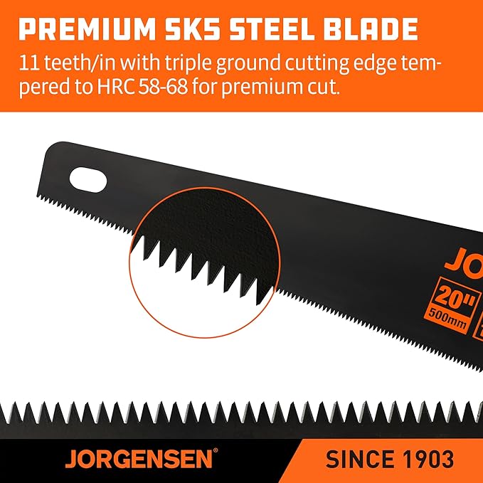 JORGENSEN 20 Inch Black Coated Pro Hand Saw, 11 TPI Fine-Cut Ergonomic Non-Slip Aluminum Ultrasonic