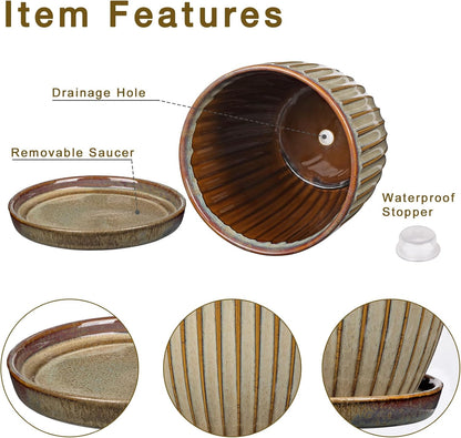 Oairse Ceramic Pots for Indoor Plants, 7.8 inch Pots for Plants Brown Planters with Drainage Holes