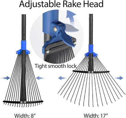 Adjustable Metal Leaf Rake Long Handle, Garden Rakes for Lawns Heavy Duty Leaves with Expandable