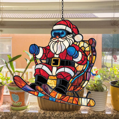 Funny Santa Claus Skiing Acrylic Suncatcher Stained Glass Effect Window Car Hanging Christmas