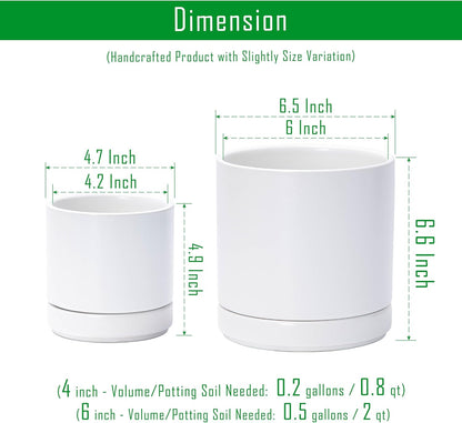 D'vine Dev 4.7 Inch & 6.5 Inch Ceramic Planter Pots for Plants with Drainage Hole and Saucer, Small