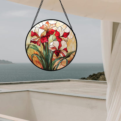 Stained Glass Window Hanging - Red Gladiolus Flower Suncatcher for Door Yard Sun Catchers Decor