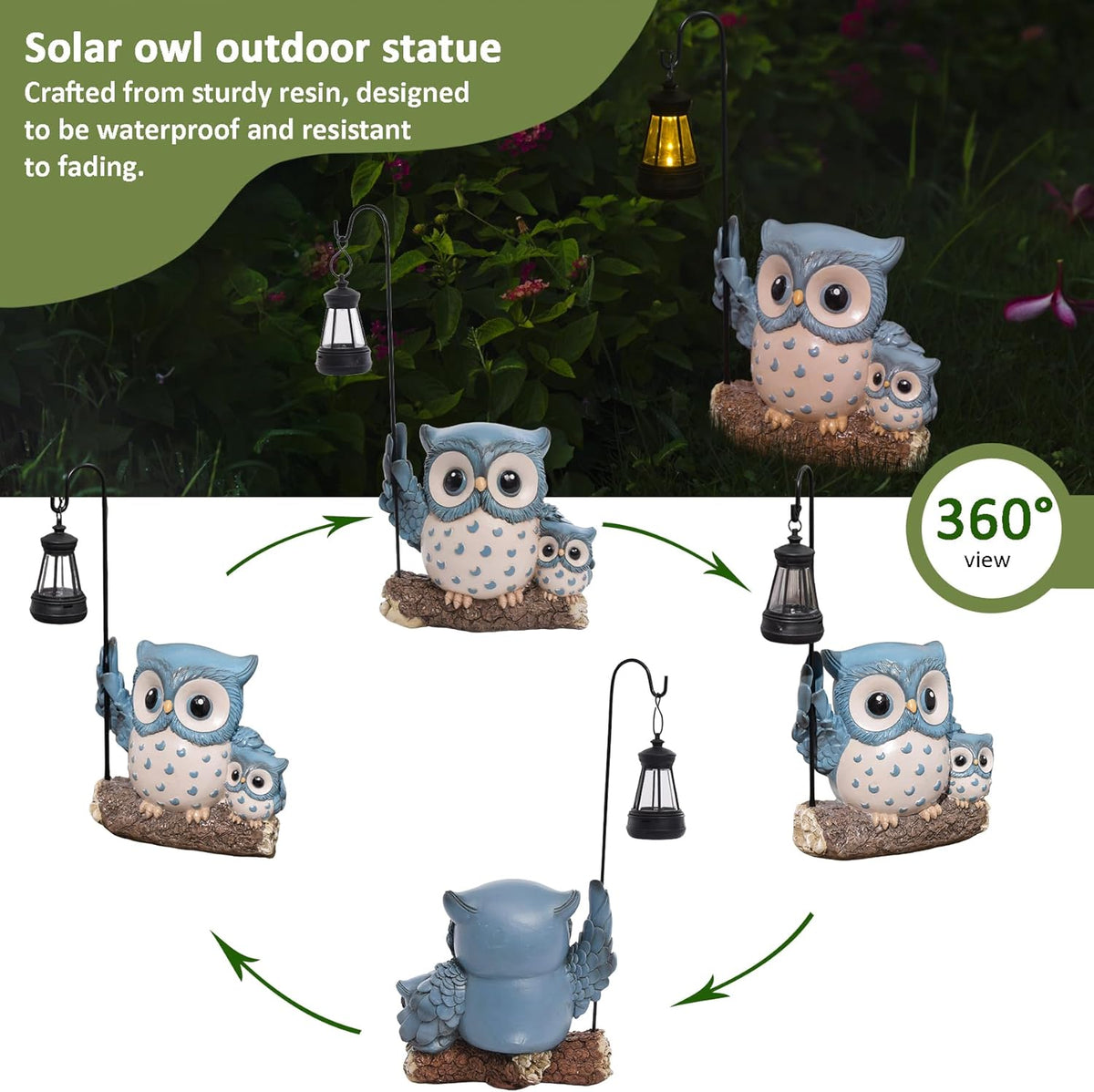 Garden Statues Owl with Solar LED Lantern, Resin Solar Garden Decor for Outside, Yard Decorations