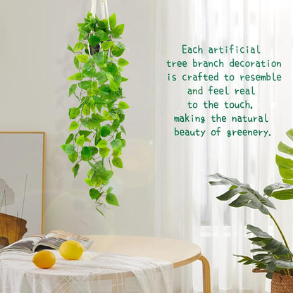 Fake Pothos in Rope - Hanging Pot, Artificial Pothos Plants for Home Decor Indoor Macrame Plant