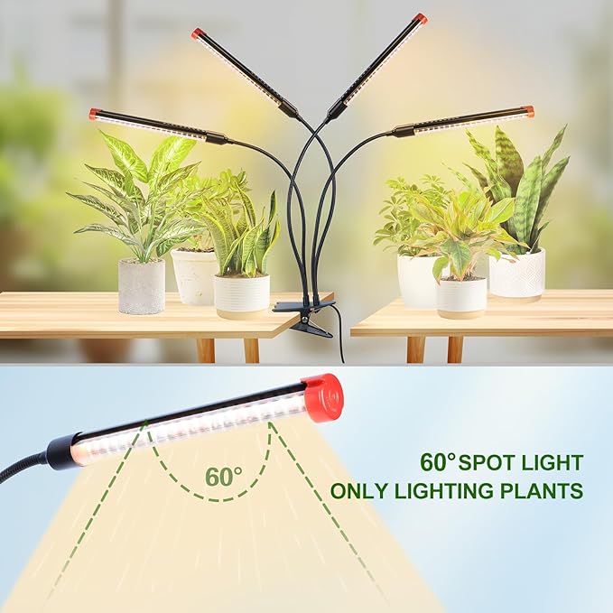 4-Head Strong Clip Grow Lights for Indoor Plants, Seed Starting, Bonsai, Succulent, Cactus with