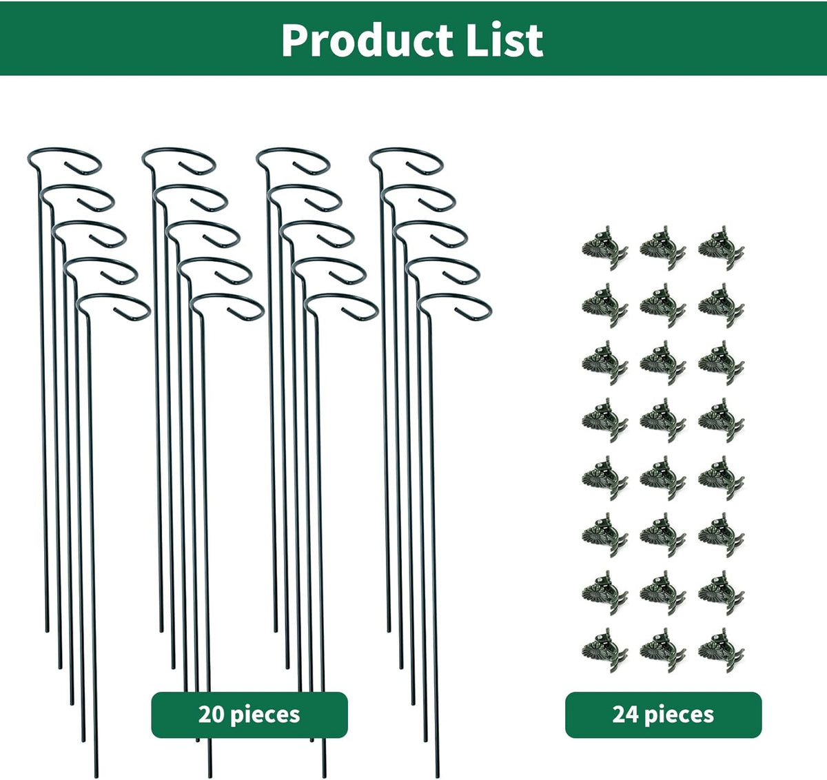 20 Pack Plant Support Stakes with 24 Pcs Plant Clips, Garden Single Stem Support Stake, Plant Cage