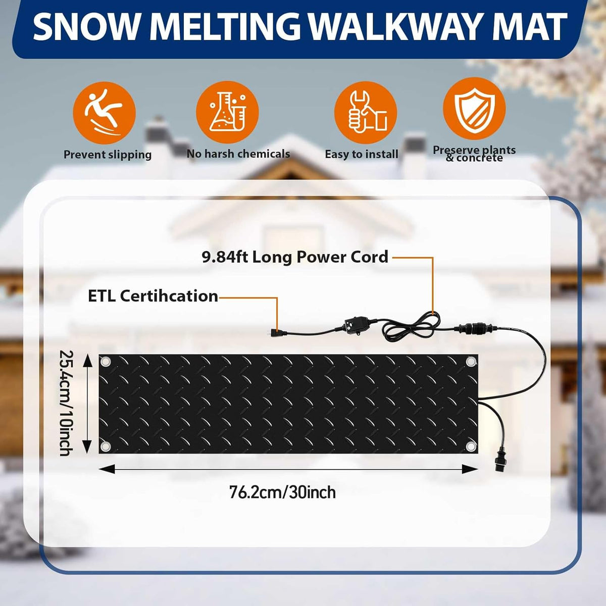 Riakrum 2 Pcs Heated Snow Melting Mats Outdoor, 10 x 30 in Winter Anti-Slip Heated Rubber Mat for