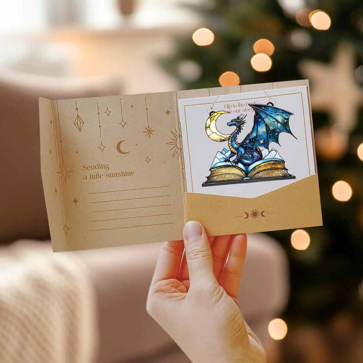 Dragon Moon Book Bookworm Acrylic Suncatcher Stained Glass Effect Window Car Hanging Christmas