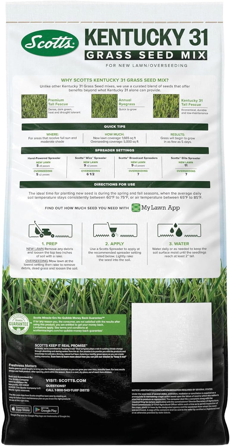 Scotts Kentucky 31 Grass Seed Mix for New Lawns or Overseeding, Grows Thicker and Greener vs. Other