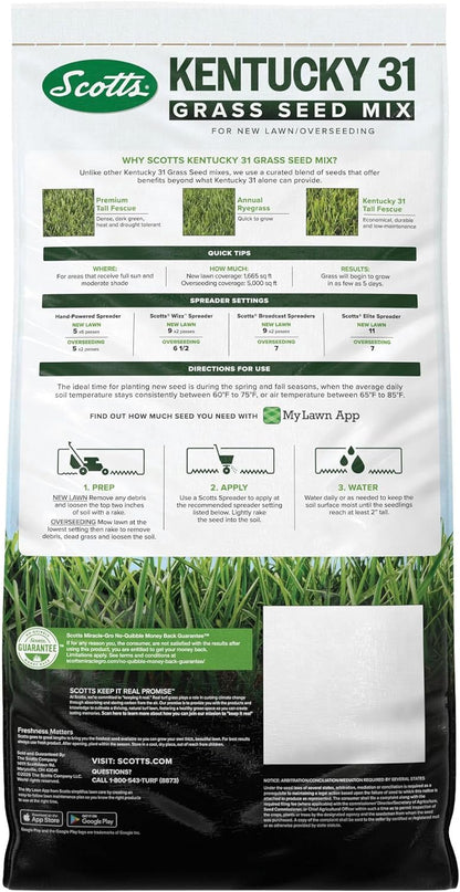 Scotts Kentucky 31 Grass Seed Mix for New Lawns or Overseeding, Grows Thicker and Greener vs. Other