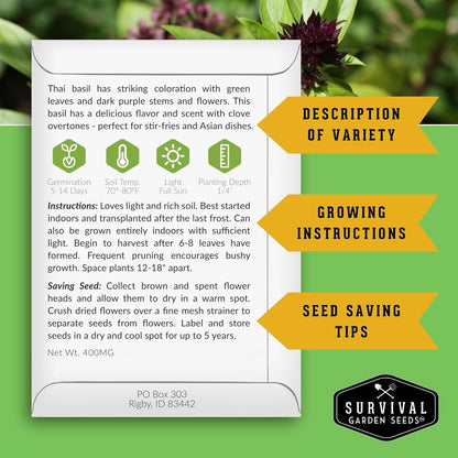Survival Garden Seeds - Thai Basil Seed for Planting - 5 Packets with Instructions to Plant and