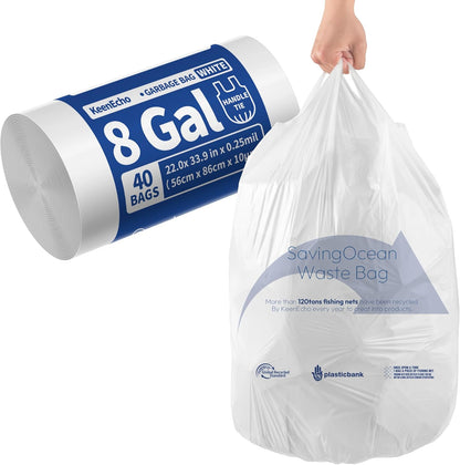 Small Trash Bags with Handles 8 Gallon 40 Count White - Ocean Plastic Upcycling - Plastic Garbage