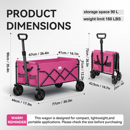 Collapsible Folding Wagon, Heavy Duty Pink Foldable Wagon Cart with Wheel, Lightweight Utility