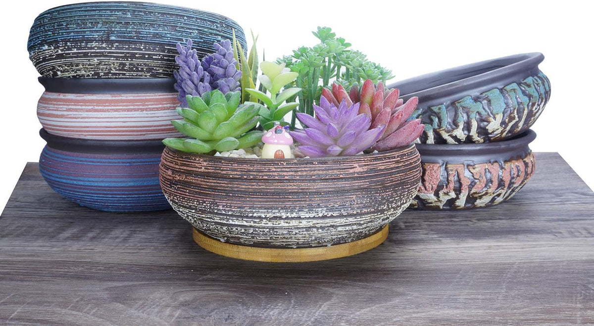ARTKETTY Succulent Pots, 8 Inch Large Succulent Planters with Drainage Ceramic Bonsai Pot with Tray