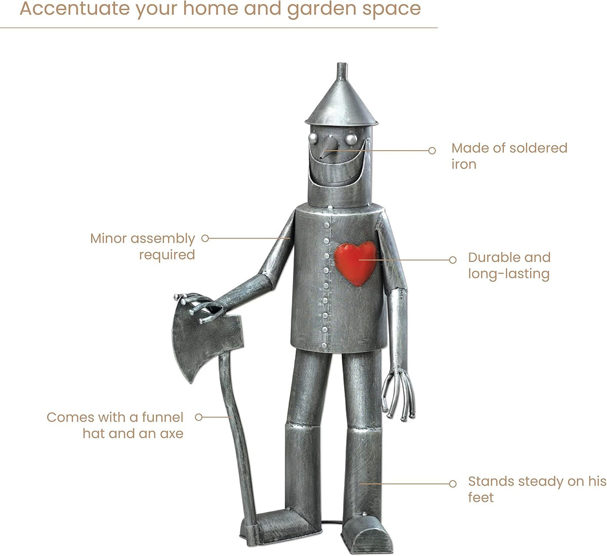 Bits and Pieces - 30 ½” Tall Tin Woodsman with a Heart Garden Statue - Yard Decorations - Outdoor
