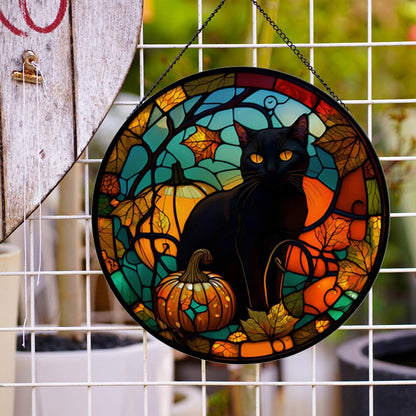 Black Cat Pattern Suncatcher Stained Glass,Hanging Stained Glass for Windows for Cat