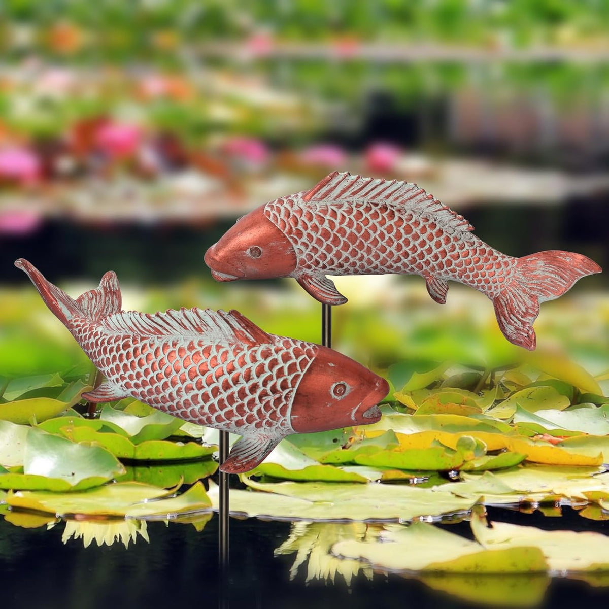 Outdoor Statues Garden Koi Fish Decor, 2pcs Antique Copper Koi Fish Sculpture for Pond Lawn Patio