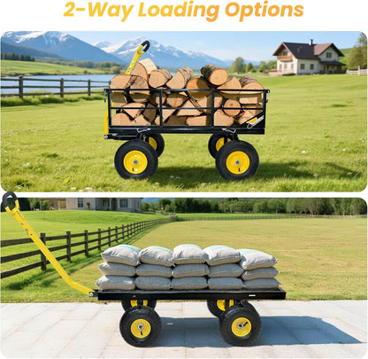 1200 lbs Steel Garden Cart, Heavy Duty Yard Utility Wagon with 10" Pneumatic Tires, Removable Mesh