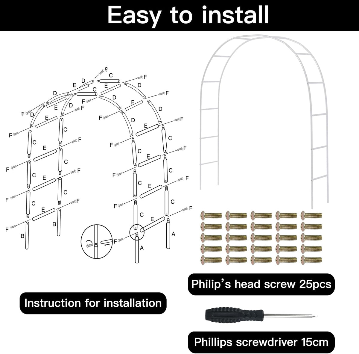RUBFAC 94" Metal Wedding Arch Frame, White Garden Trellis for Climbing Plants Outdoor, Garden