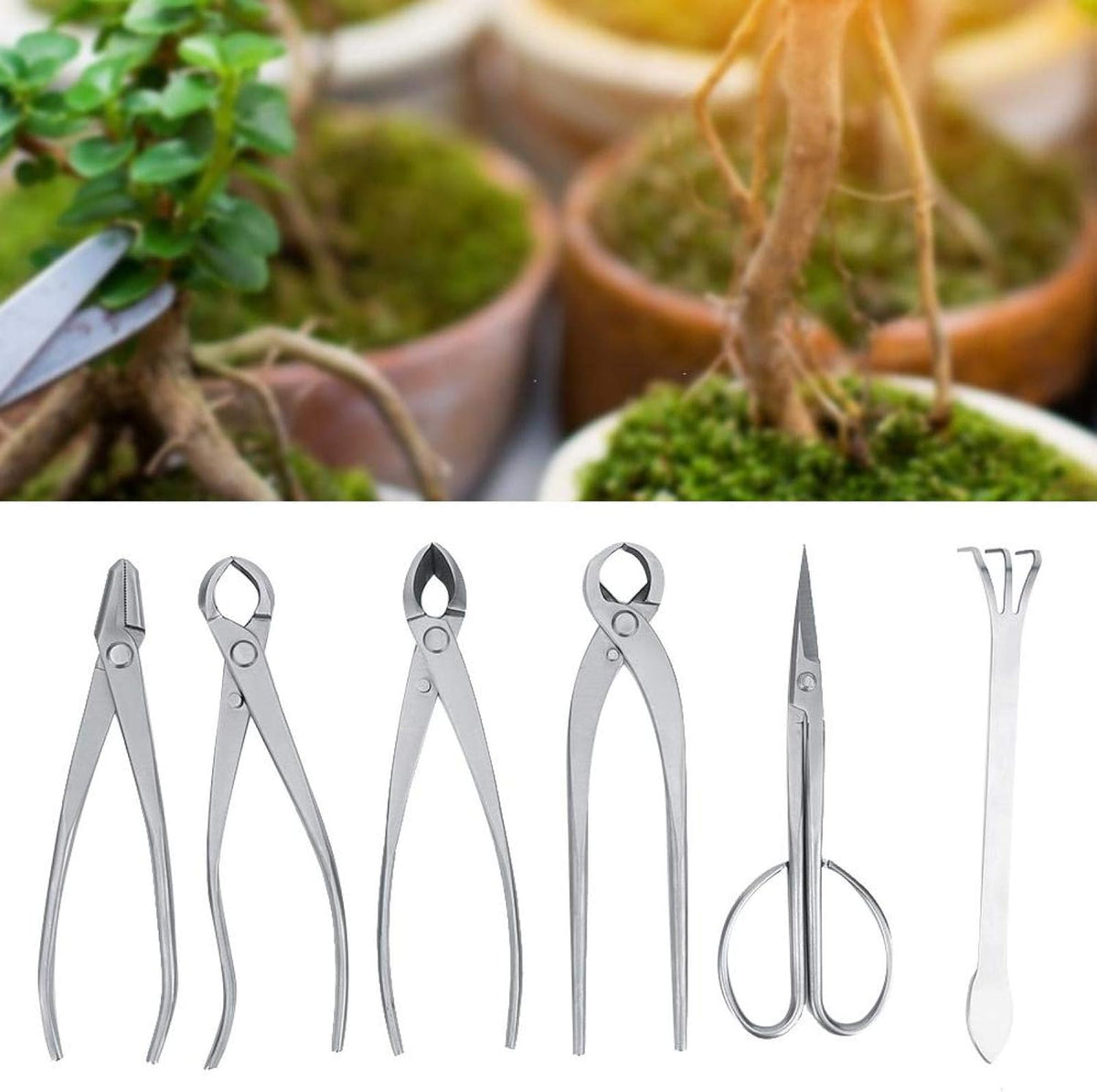 Bonsai Tools Set, 6pcs Stainless Steel Bonsai Garden Plant Tree Scissors Trimming Cutting Tool Set