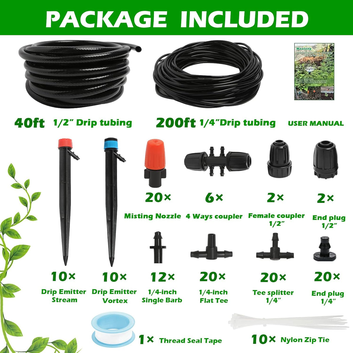 240FT Drip Irrigation System Kit, Automatic Garden Watering Misting System for Greenhouse, Yard